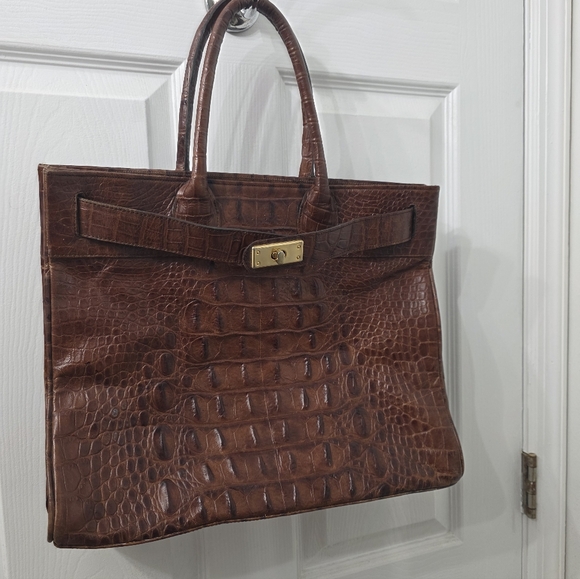 Handbags - Croc-Embossed Brown Leather Tote with Gold Hardware